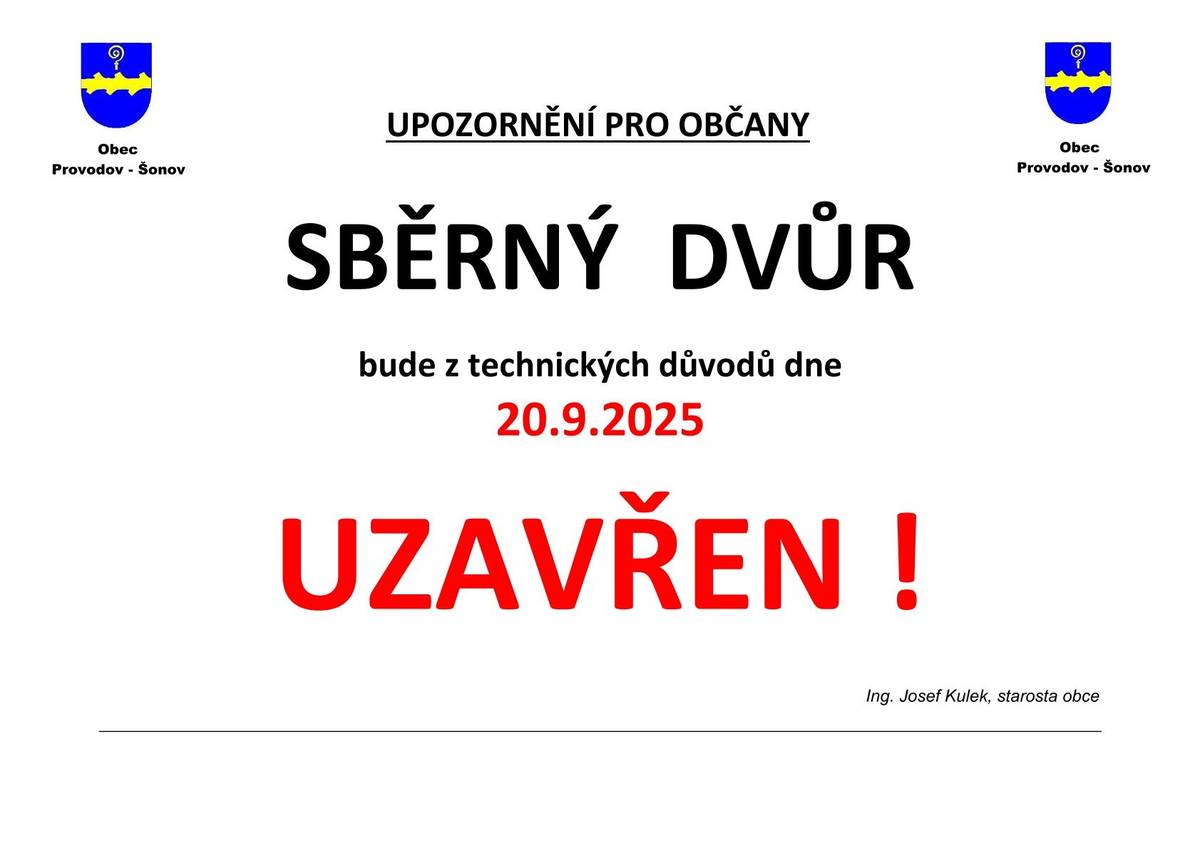 Vážení přátelé, na konci pracovního týdne přinášíme aktuality: 👉informaci o uzavření sběrného dvora 20.9. 👉pozvánku na zábavný lunapark u Orelny v Šonově 👉pozvánku na pochod Šonovská 20 👉pozvánku na večerní běh v Náchodě Užijte si slunečný víkend🌞. #obecprovodovsonov #aktuality