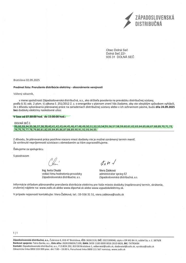 Prerušenie distribúcie elektriny 24.09.2025