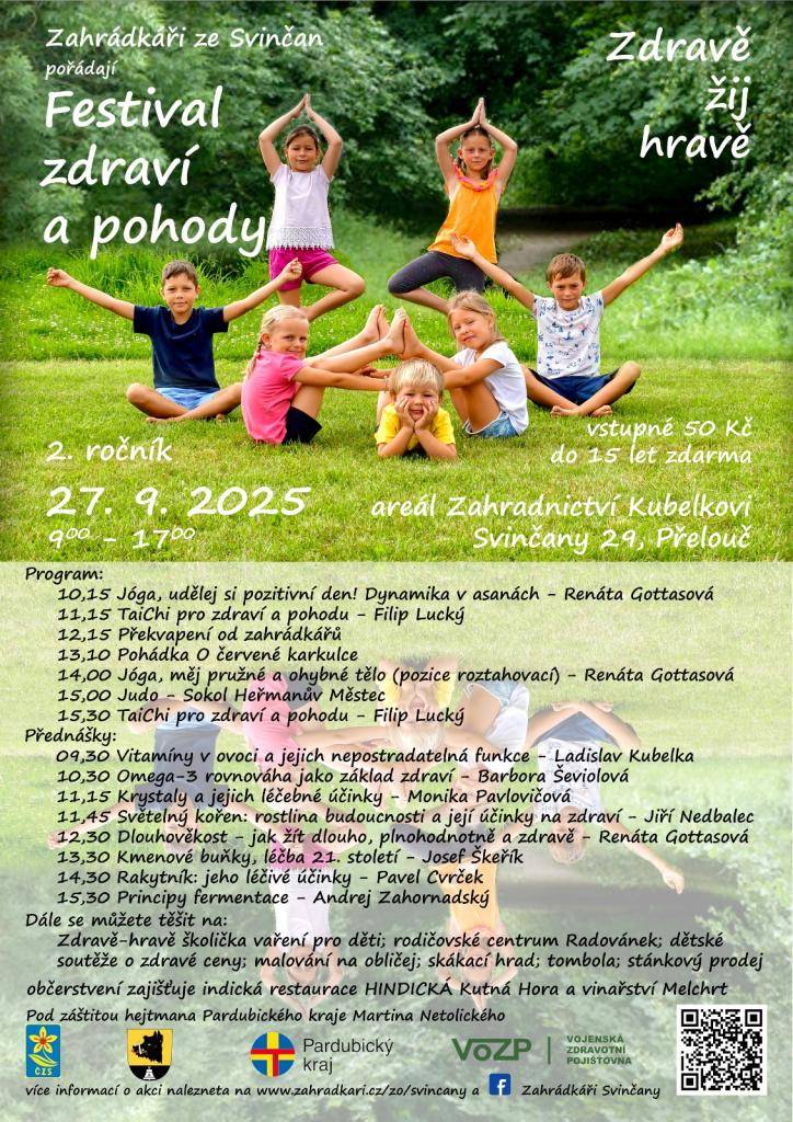 V sobotu 27.9.2025 od 9 do 17 hodin proběhne v areálu Zahradnictví Kubelkovi ve Svinčanech Festival zdraví a pohody. Více podrobností najdete v přiloženém letáku.