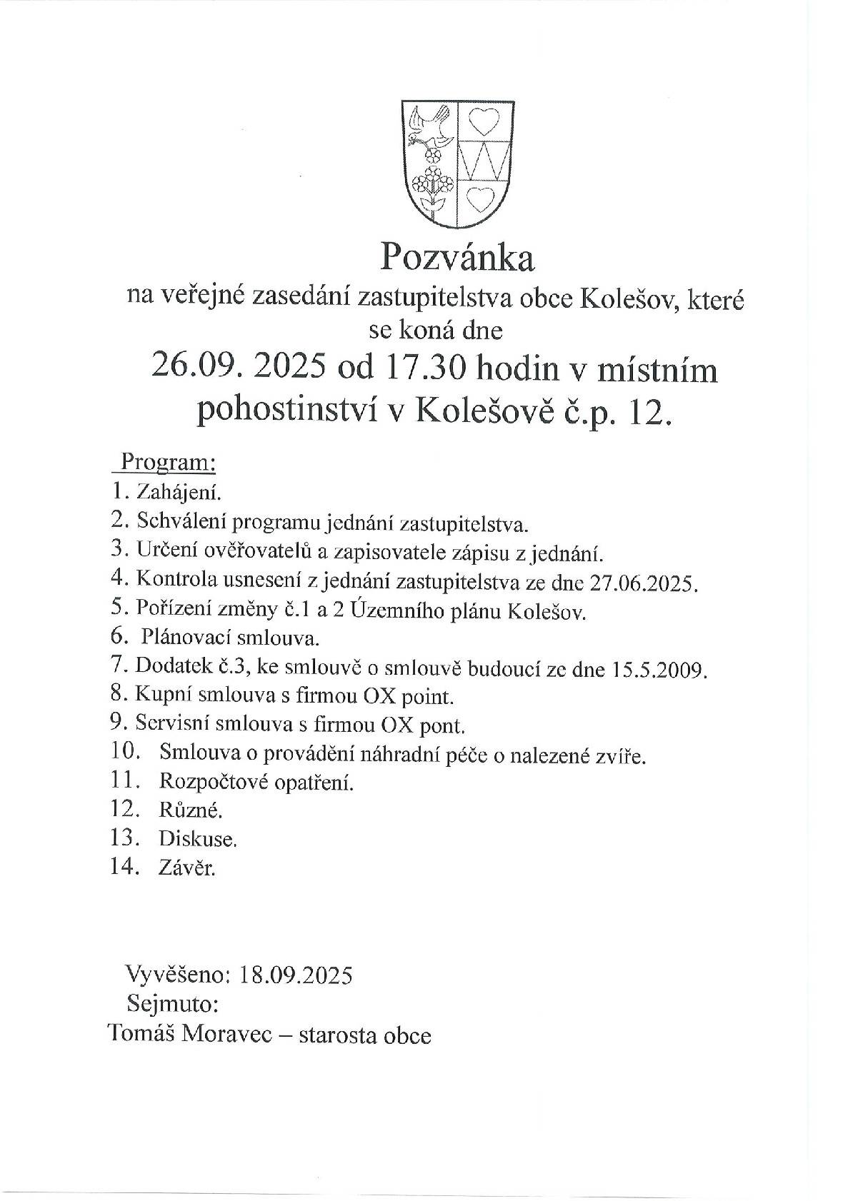 Pozvánka na veřejné zasedání zastupitelstva obce Kolešov, v pátek 26.9.2025 od 17:30 v místním pohostinství č.p. 12.