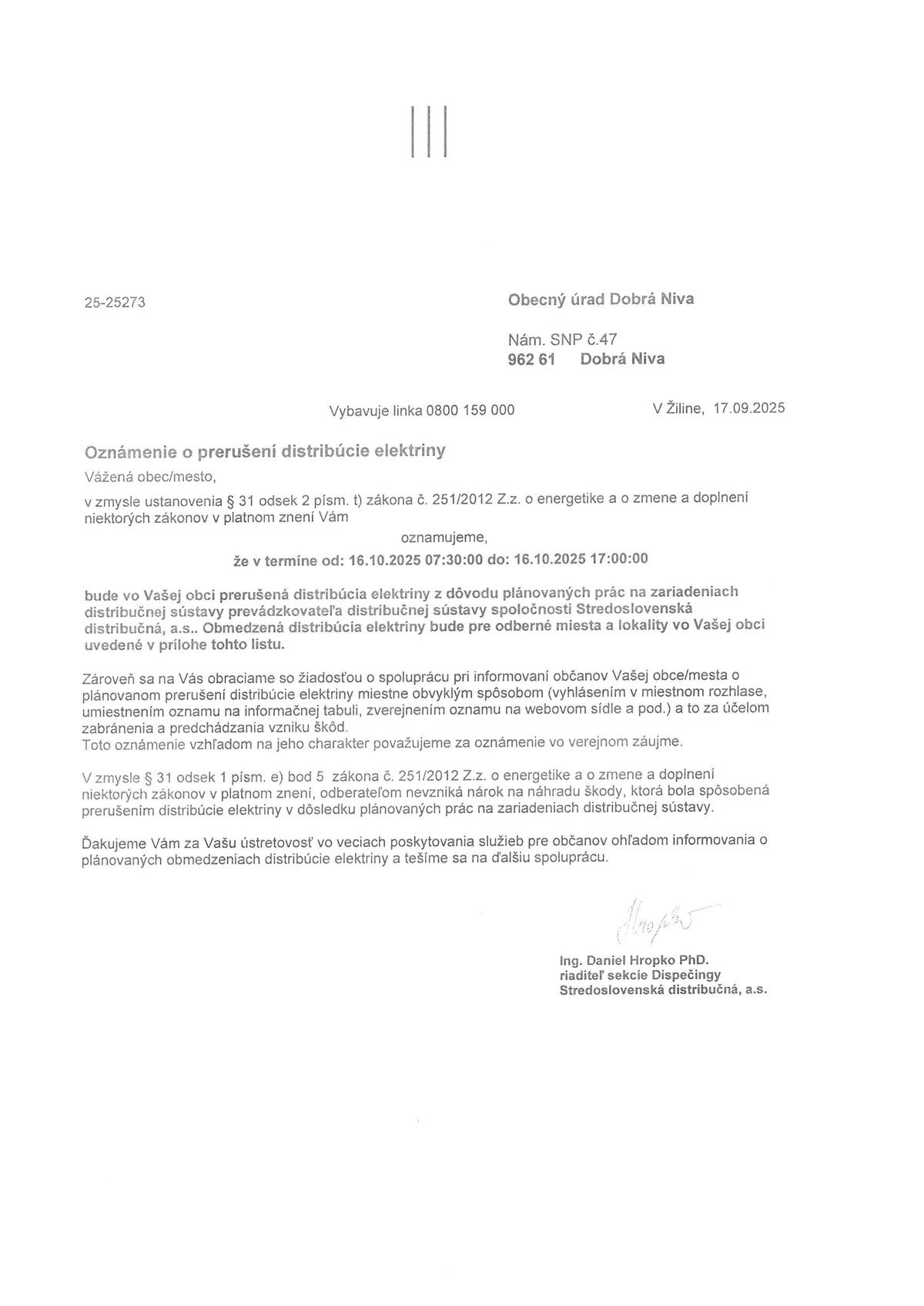 16. 10. 2025 v čase od 7.30 hod. do 17.00 hod.