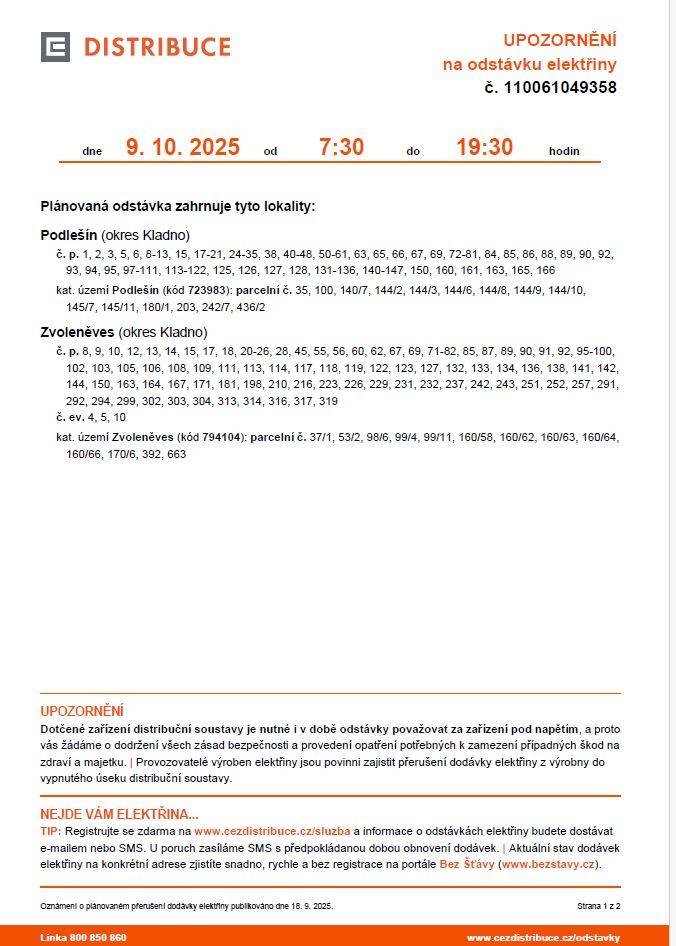 Oznámení o přerušení dodávky elektrické energie dne 9. 10. 2025 od 7:30 do 19:30
