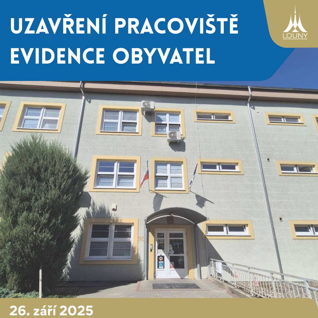 V pátek dne 26. září 2025 📆 bude pracoviště EVIDENCE OBYVATEL v budově Městského úřadu, Pod Nemocnicí 2379 📍, Louny mimo provoz.  Ověřování nebo žádosti prostřednictvím systému Czech POINT si můžete vyřídit v budově Městského úřadu Louny, Mírové náměstí 35 📍 nebo na kterémkoli jiném pracovišti (např. Pošta), které tuto službu vyřizuje. 🏬  Děkujeme za pochopení 🤝