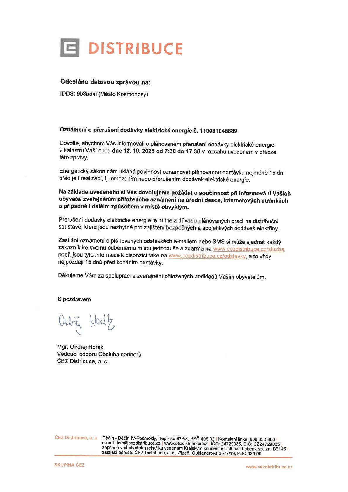 Oznámení o přerušení dodávky elektrické energie č. 110061048889