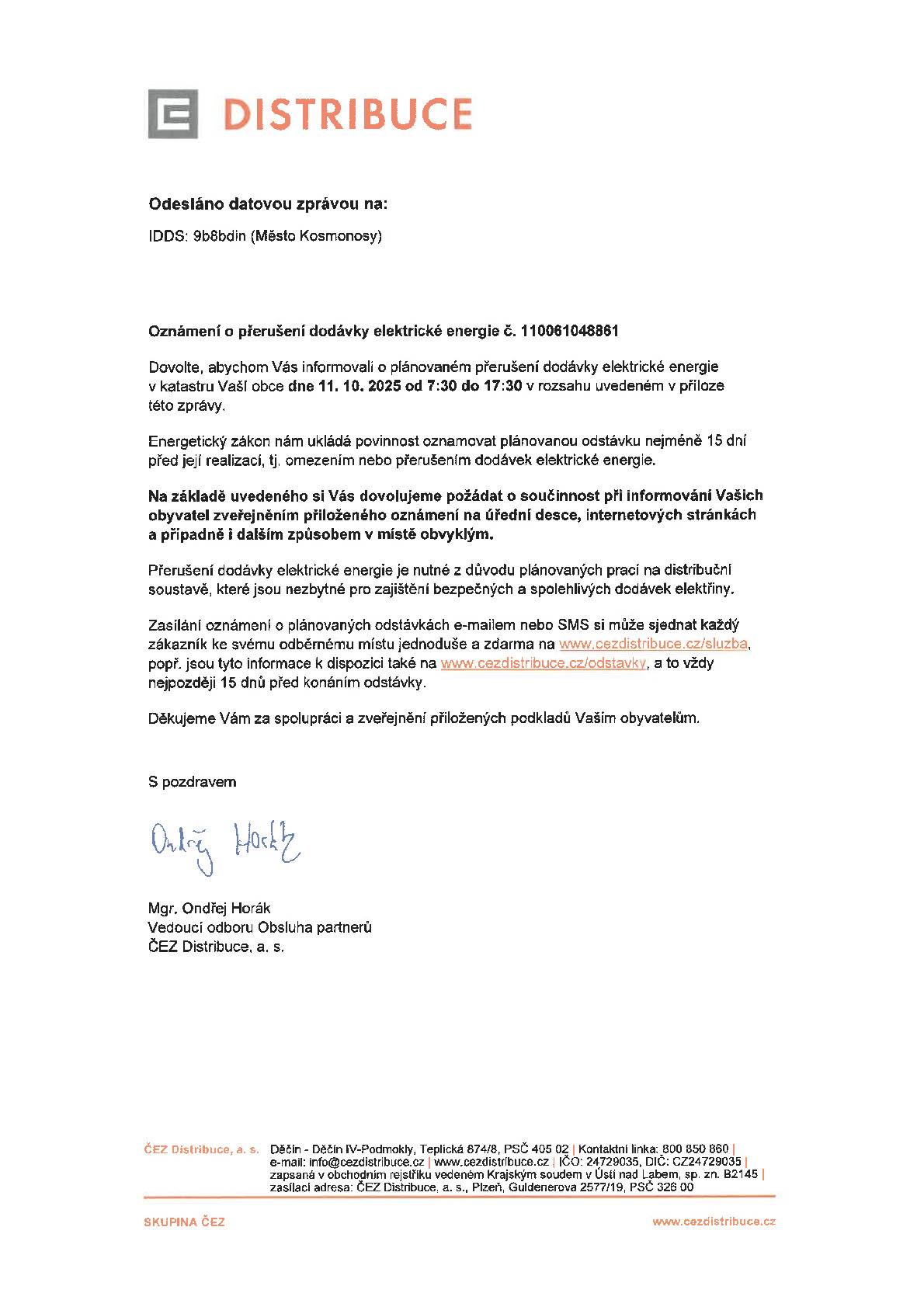 Oznámení o přerušení dodávky elektrické energie č.110061048861