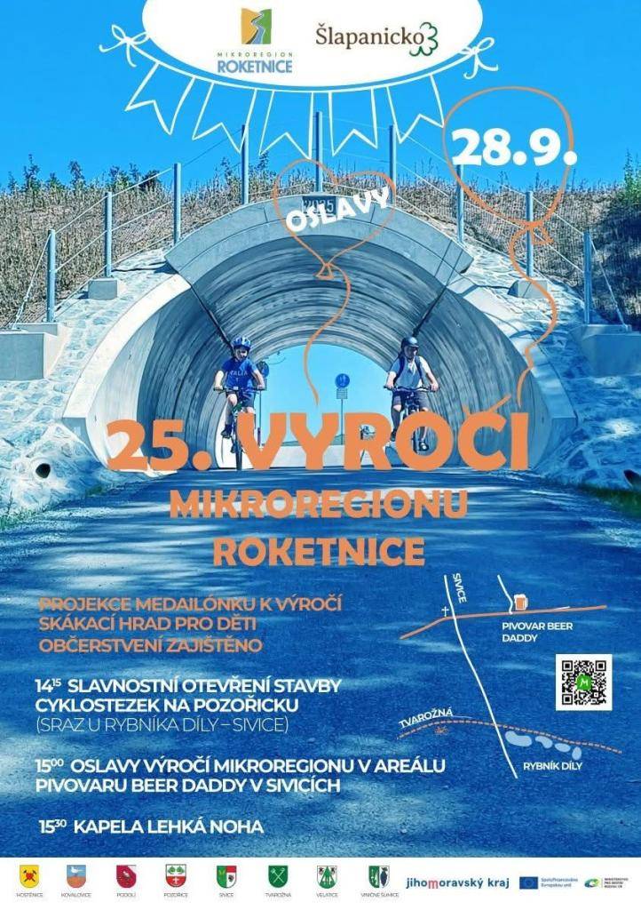 Dne 28.9.2025 se uskuteční oslavy 25.výročí Mikroregionu Roketnice a slavnostní otevření cyklostezek na Pozořicku.  Program: 14:15 otevření cyklostezky u rybníka Díly Sivice  15:00 oslavy v areálu pivovaru Beer Daddy v Sivicích, kde vystoupí Lehká noha. Občerstvení zajištěno.