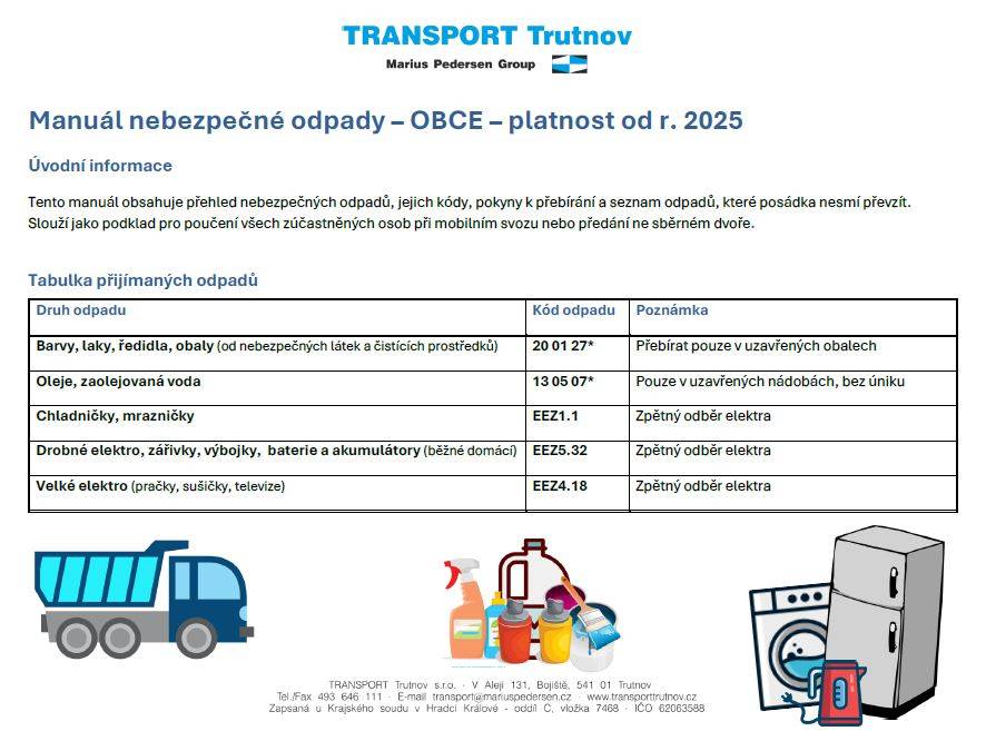 V sobotu 27. 9. 2025 proběhne v naší obci mobilní svoz nebezpečných odpadů.  Debrné 10,00 - 10,15 hod. (zastávka u mostu čp. 31)  Mostek 10,25 - 11,30 hod. (hala OÚ Mostek u ČOV)