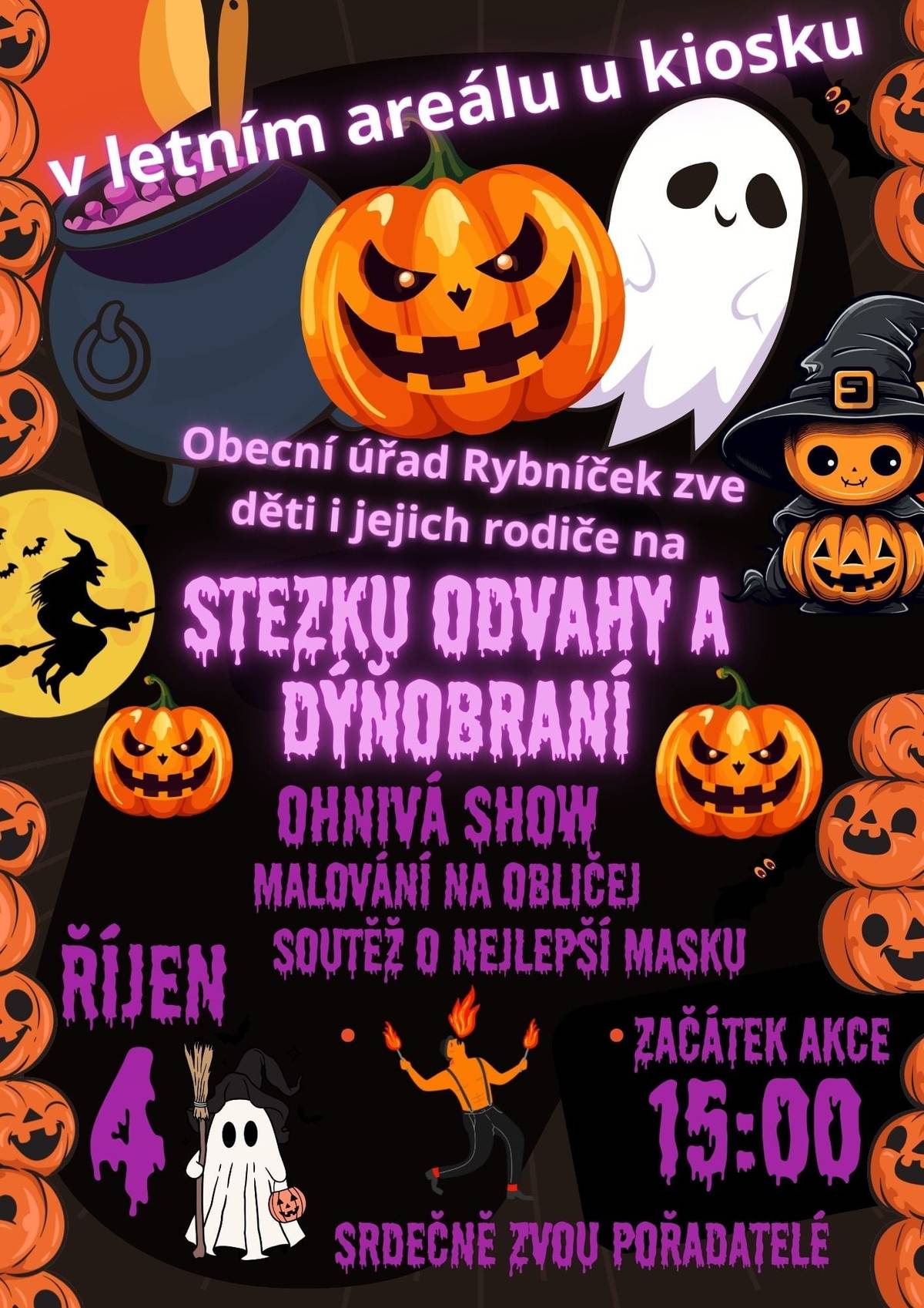 Vážení občané, chceme vás informovat, že provoz letního kiosku bude z organizačních důvodů ukončen v sobotu 4. října 2025. Srdečně vás zveme na Stezku odvahy a dýňobraní, která proběhne jako zakončení sezóny. Během akce se můžete těšit na:   Stezku odvahy   Ohnivé show   Malování na obličej   Soutěž o nejlepší masku