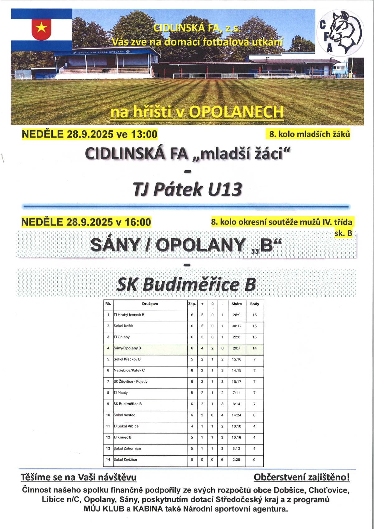 CFA vás zve na domácí fotbalová utkání na hřišti v Opolanech v neděli 28.9.2025. Rozpis utkání naleznete na plakátu v příloze.