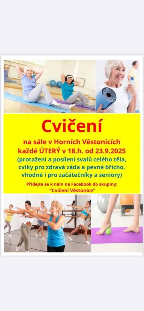 Oznamujeme, že od 23. 9. 2025 bude každé úterý v 18 hod.  probíhat na sále obecního úřadu cvičení vhodné i pro začátečníky a seniory.
