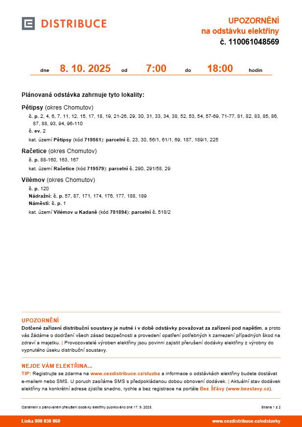 odstávka elektřiny 8.10.2025