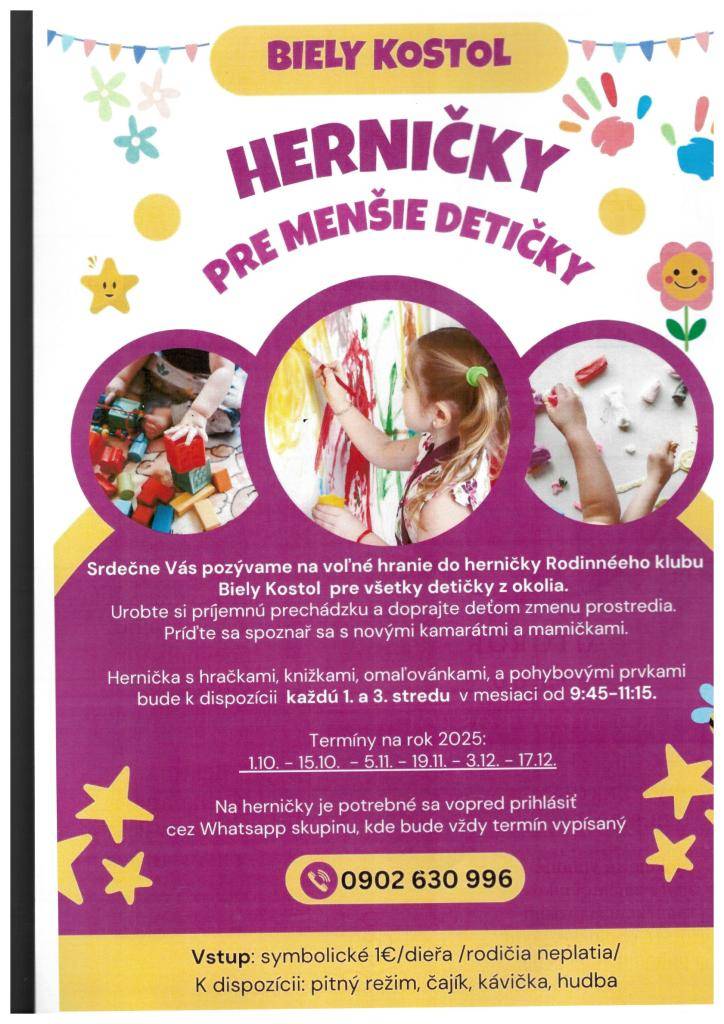 Od 1. októbra  začínajú herničky v Rodinnom klube Biely Kostol. Viac info v plagáte.
