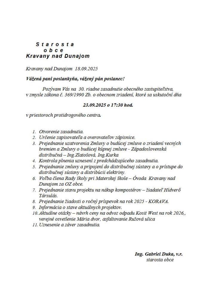 Pozvánka na 30. zasadnutie OZ
