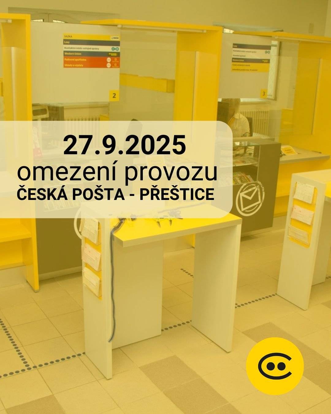 Informujeme o krátkodobé uzavírce přeštické pobočky České pošty dne 27. září. Provozovna bude tento den uzavřena z provozních důvodů. Po dobu jejího uzavření budou poskytované služby zajištěny provozovnou Plzeň 1 (Solní 20, Plzeň) v rámci otevírací doby (po-pá 08:00-19:00; so 08:00-12:00; ne zavřeno)