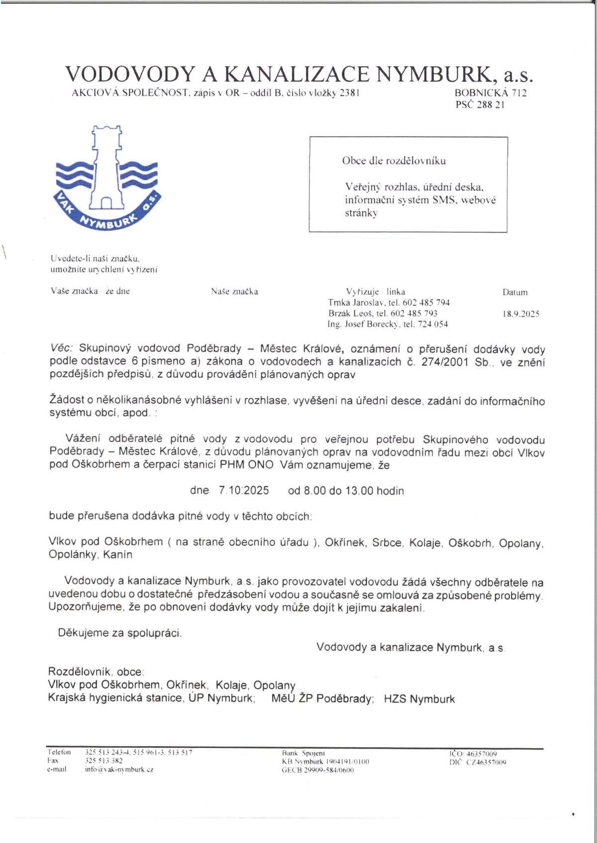 V úterý 7.10. od 8.00 do 13.00 hod. proběhne v našich obcích odstávka pitné vody.