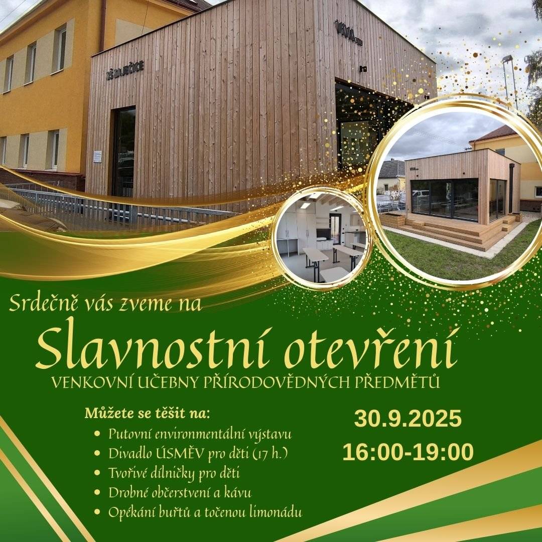 ZŠ Zaječice Vás srdečně zve na Slavnostní otevření venkovní učebny přírodovědných předmětů. Úterý 30.09.2025 od 16:00 - 19:00 hodin.