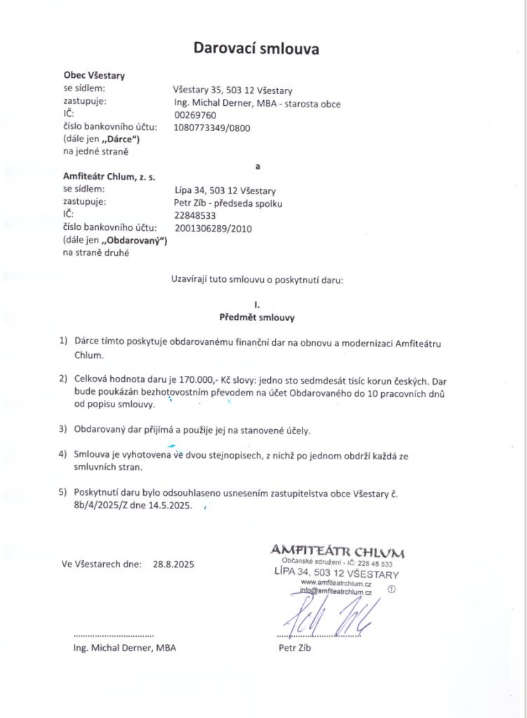 Dárce poskytuje obdarovanému finanční dar na obnovu a modernizaci Amfiteátru Chlum.