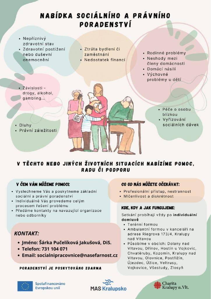 Nabídka sociálního a právního poradenství - MAS Kralupsko z.s., Charita Kralupy.  Setkání probíhají po individuální domluvě  - terénní formou nebo v kanceláři na adrese Riegrova 173/4, Kralupy nad Vltavou. Poradenství je poskytováno zdarma.