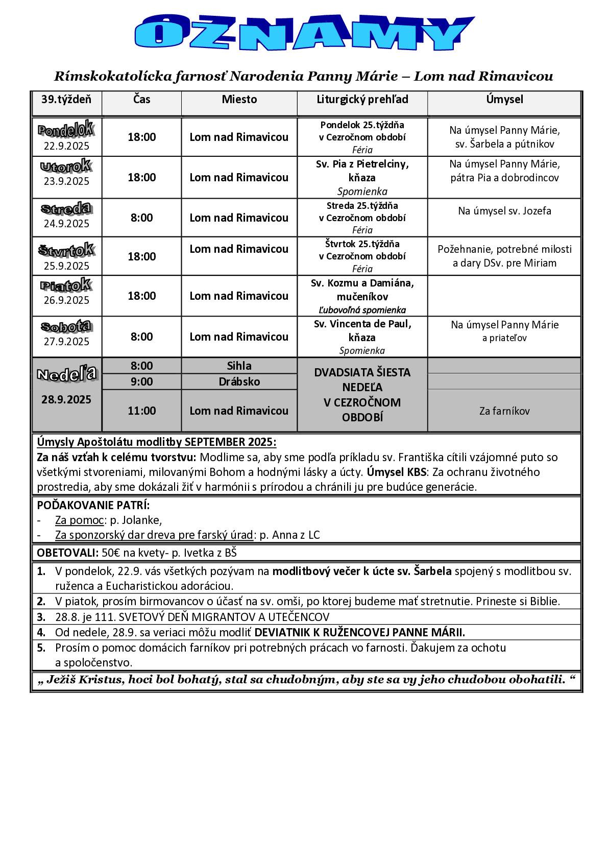 V prílohe posielam oznamy.