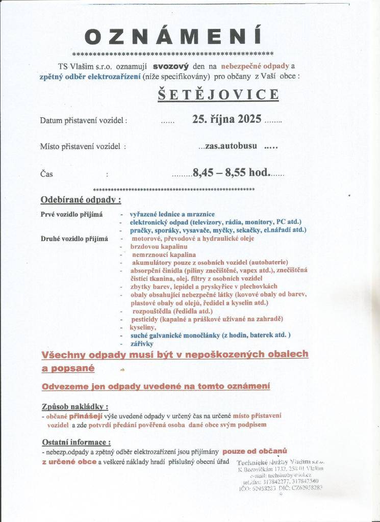 Svoz nebezpečného odpadu Šetějovice a Dolní Rápotice dne 25.10.2025
