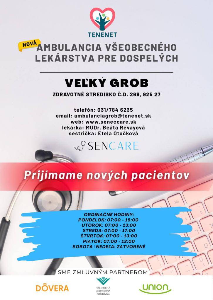 Ambulancia MUDr. Révayovej oznamuje svojim pacientom, že vzhľadom na zmenu poskytovateľa zdravotnej starostlivosti je potrebné podpísať v ambulancií novú zmluvu.   Z tohto dôvodu prosí pacientov, aby sa podľa svojich časových možností zastavili v ambulancií kedykoľvek počas ordinačných hodín.