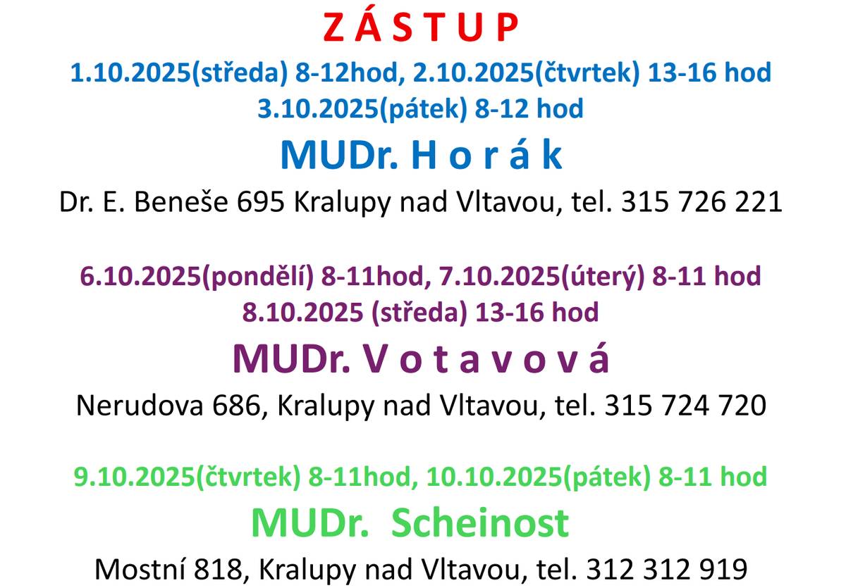 MUDr. Hájková bude čerpat v termínu 1. - 10. 10. 2025  dovolenou - zástupy viz přiložený rozpis.