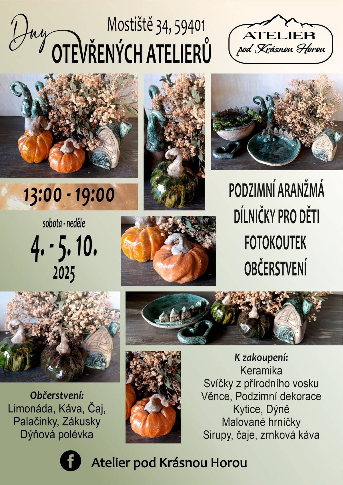 Přijměte pozvání u příležitosti Dnů otevřených ateliérů do Mostišť, do Ateliéru pod Krásnou horou, které se uskuteční o víkendu 4. a 5. října 2025.