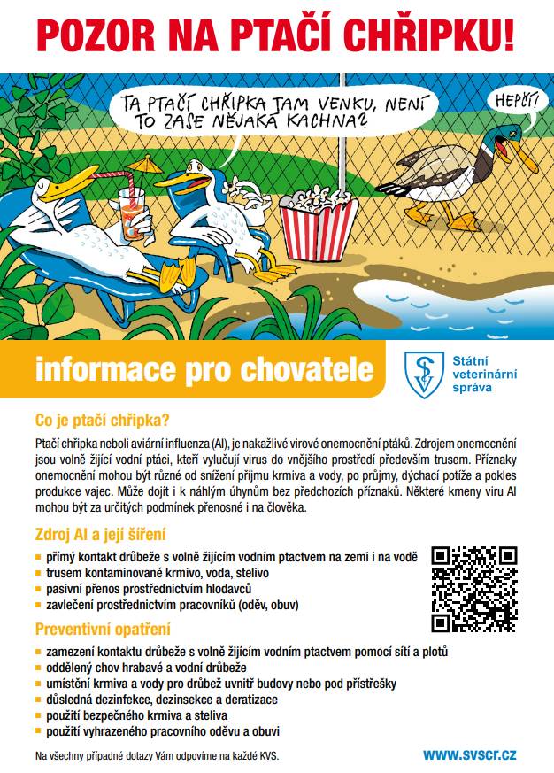 Preventivní opatření k zabránění šíření newcastleské choroby (NCD) a ptačí chřipky (AI)    Město Louny informuje občany - chovatele drůbeže, že na základě doporučení Státní veterinární správy je nezbytné dodržovat preventivní opatření zaměřená na ochranu malochovů před zavlečením a šířením nákaz NCD a AI.     Dodržování uvedených opatření, je nezbytné pro ochranu zdraví chovaných zvířat a pro prevenci šíření nákaz s možnými vážnými hospodářskými dopady.     Další informace jsou k dispozici na webových stránkách Státní veterinární správy ČR: https://www.svscr.cz/