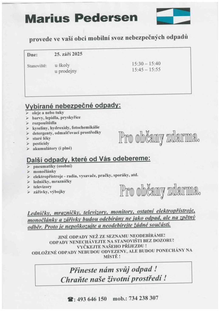 Svoz nebezpečného odpadu bude ve Vernéřovicích ve čtvrtek 25.září 2025