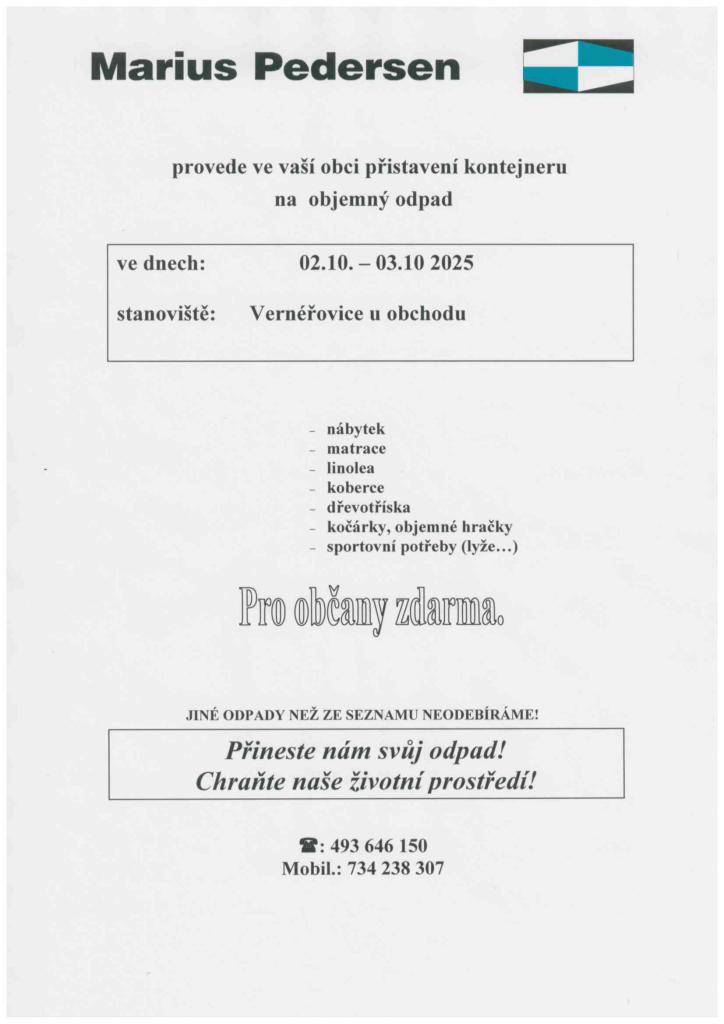 Svoz velkoobjemného odpadu se ve Vernéřovicích provede ve čtvrtek a pátek 2. - 3. října 2025