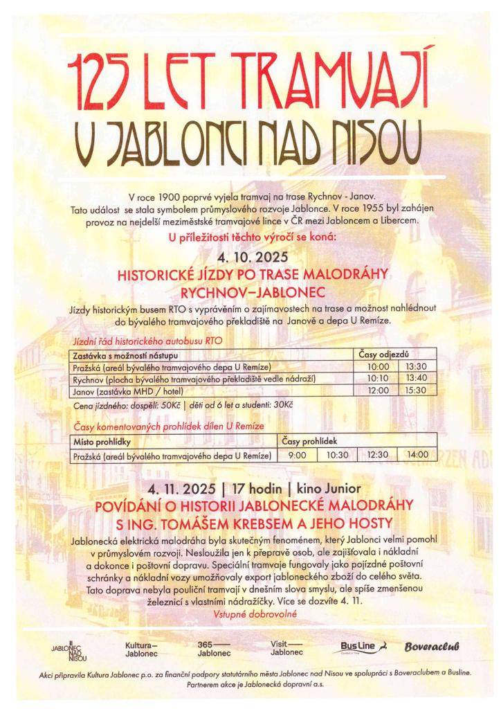 V rámci 125. výročí jabloneckých tramvají se sobotu 4. 10.  uskuteční 2 komentované projížďky historickým busem RTO na trase Rychnov - Janov a komentované prohlídky garáží U Remíze.