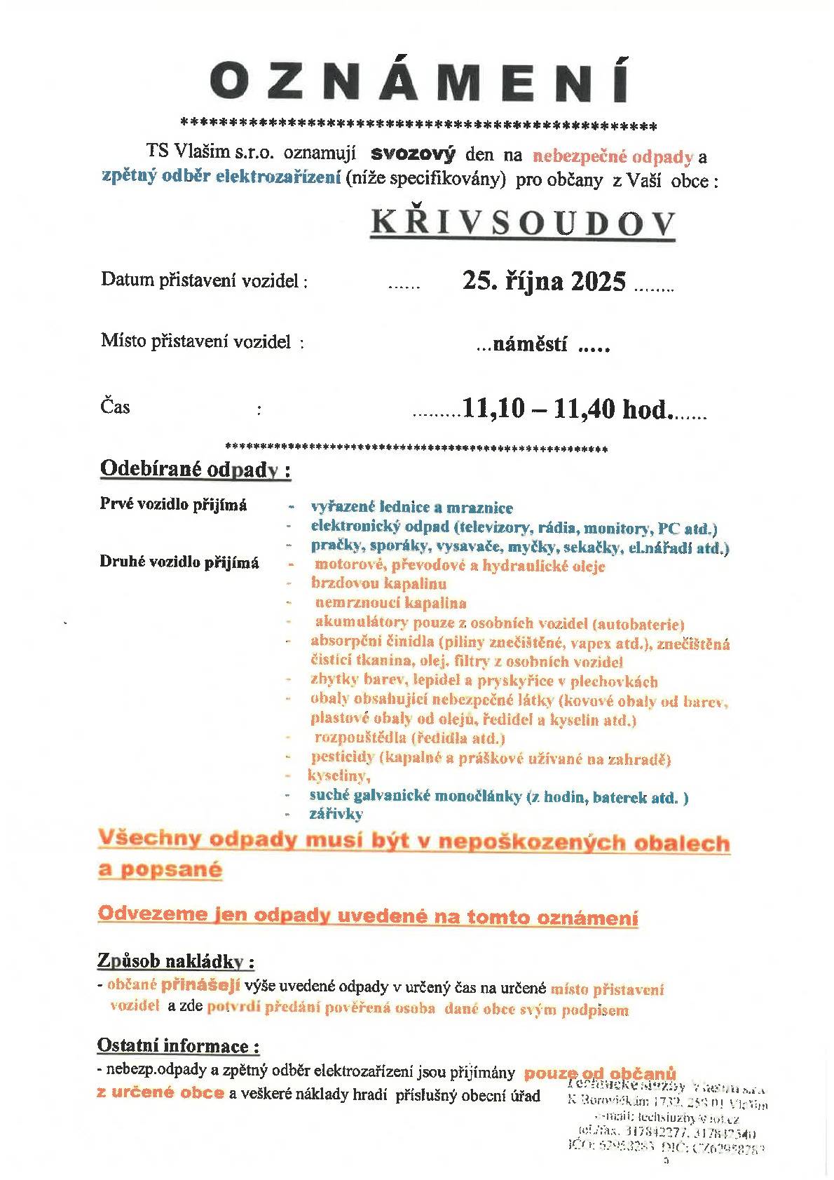 TS Vlašim s.r.o. oznamují svozový den na nebezpečné odpady a zpětný odběr elektrozařízení