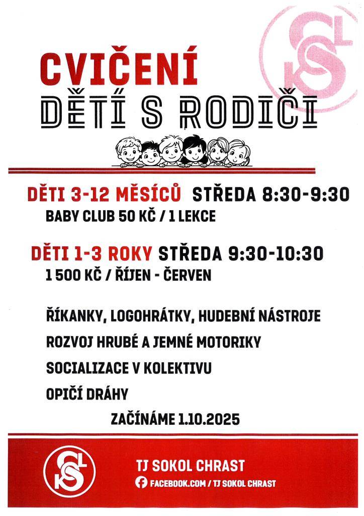 TJ Sokol Chrast pořádá cvičení pro malé děti s rodiči, které začíná 1. října 2025. Program zahrnuje aktivity pro děti od 3 měsíců do 3 let a zaměřuje se na rozvoj motoriky, socializaci a zábavu. Rodiče mají možnost se zapojit a užít si společné chvíle se svými dětmi.