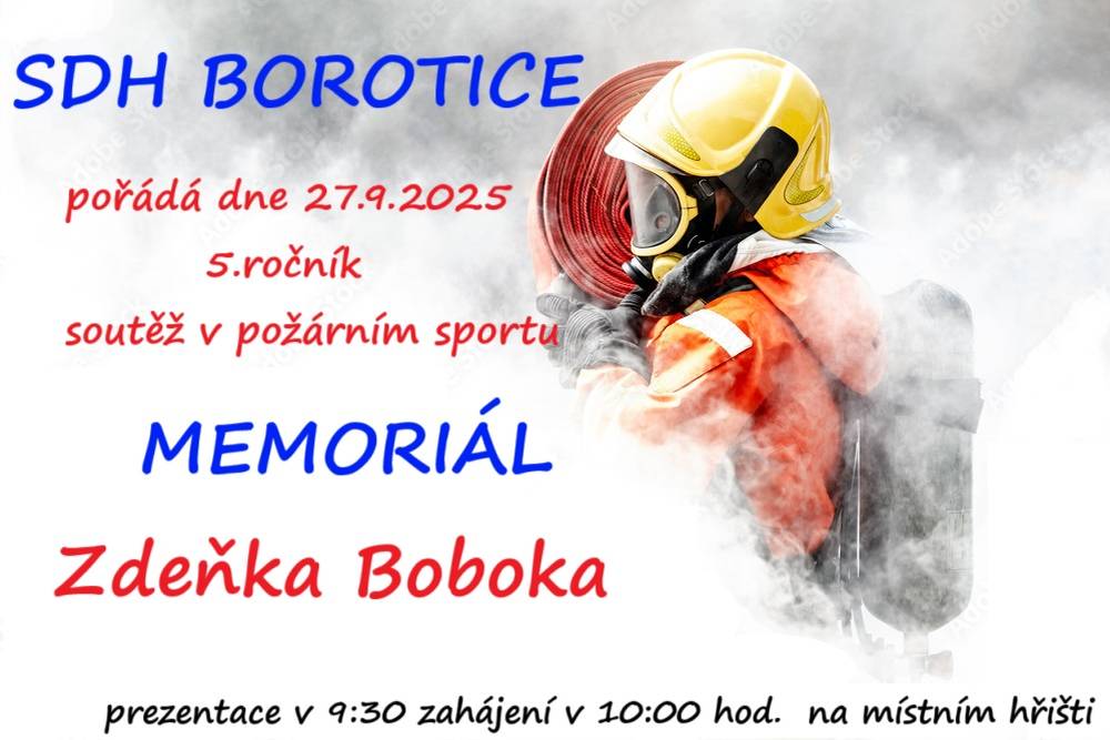 Na 27. září 2025 je naplánován 5. ročník soutěže v požárním sportu, Memoriál Zdeňka Boboka. Prezentace začíná v 9:30 a zahájení v 10:00 na místním hřišti.
