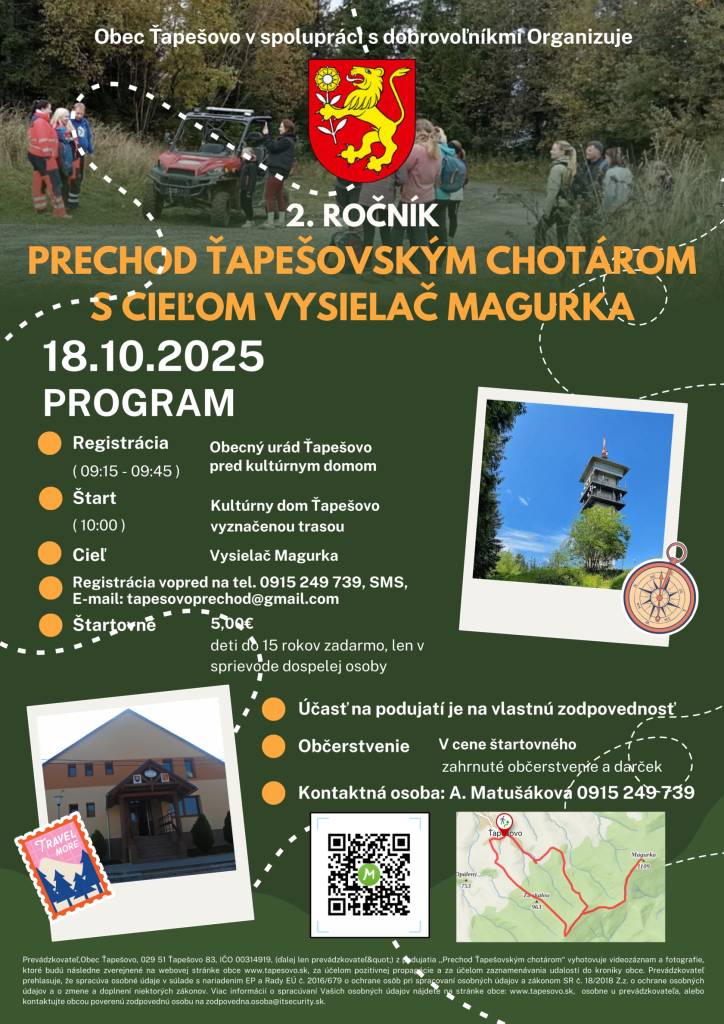 Pozývame Vás na 2. ročník prechodu Ťapešovským chotárom, 18. 10.2025.  Štartovné 5 eur.