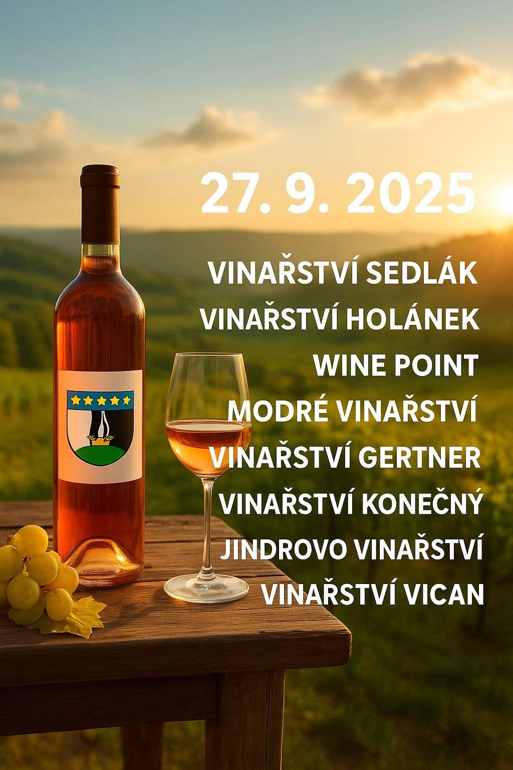 Vinnou stezkou na Chlumčanský Hujáb se vydáme v sobotu 27.9.2025 od 14:00 do 18:00 hodin. Čeká nás 8 zastavení u nejlepších vinařů z Čech a Moravy. - doprovodný program na náměstí Bohuslava Kašpara pro děti i dospělé (skákací hrad, tvořivá dílna, profesionální DJ, kapela Zatrub! Band) do 22.00 hodin,  - tombola o hodnotné ceny (možná sekačka nebo pila nebo TV?),  - občerstvení (grilované maso, venkovní pivnice, guláš, udírna, klobásy, degustační talíře k vínu),  - vstup 150 Kč (sklenka v ceně vstupu), vstupenka Vám zajistí degustaci u vinařů zdarma,  - u každého vinaře možnost nákupu vín.