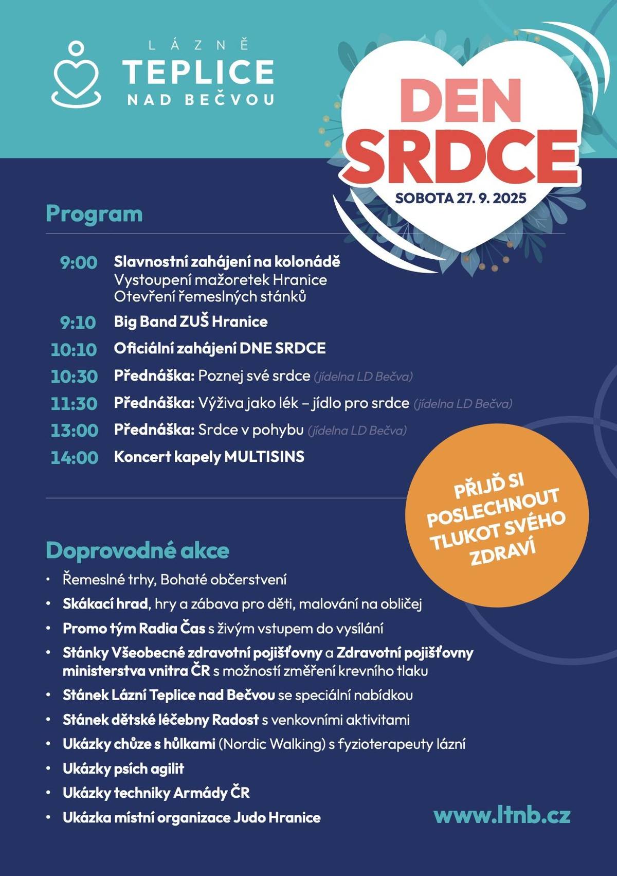 Lázně Teplice nad Bečvou zvou na DEN SRDCE, který se koná dne 27. 9. 2025, slavnostní zahájení v 9:00.