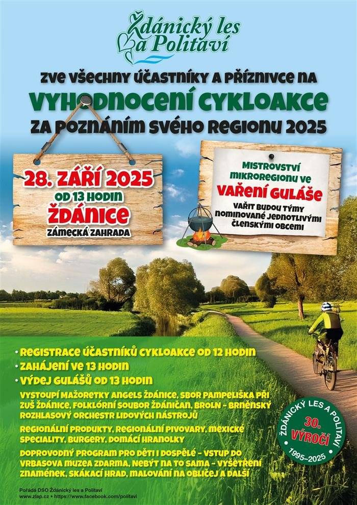 V neděli 28. září 2025 se ve Ždánicích  - v  zámecké zahradě koná slavnostní vyhodnocení cykloakce Ždánického lesa a Politaví (ŽlaP) za rok 2025.  Bohatý doprovodný program, občerstvení zajištěno.  Součástí akce je také mistrovství mikroregionu ŽlaP ve vaření guláše.  Od 12 hodin registrace účastníků, od 13 hodin výdej soutěžních gulášů. Zváni jsou všichni cyklisté i další široká veřejnost.