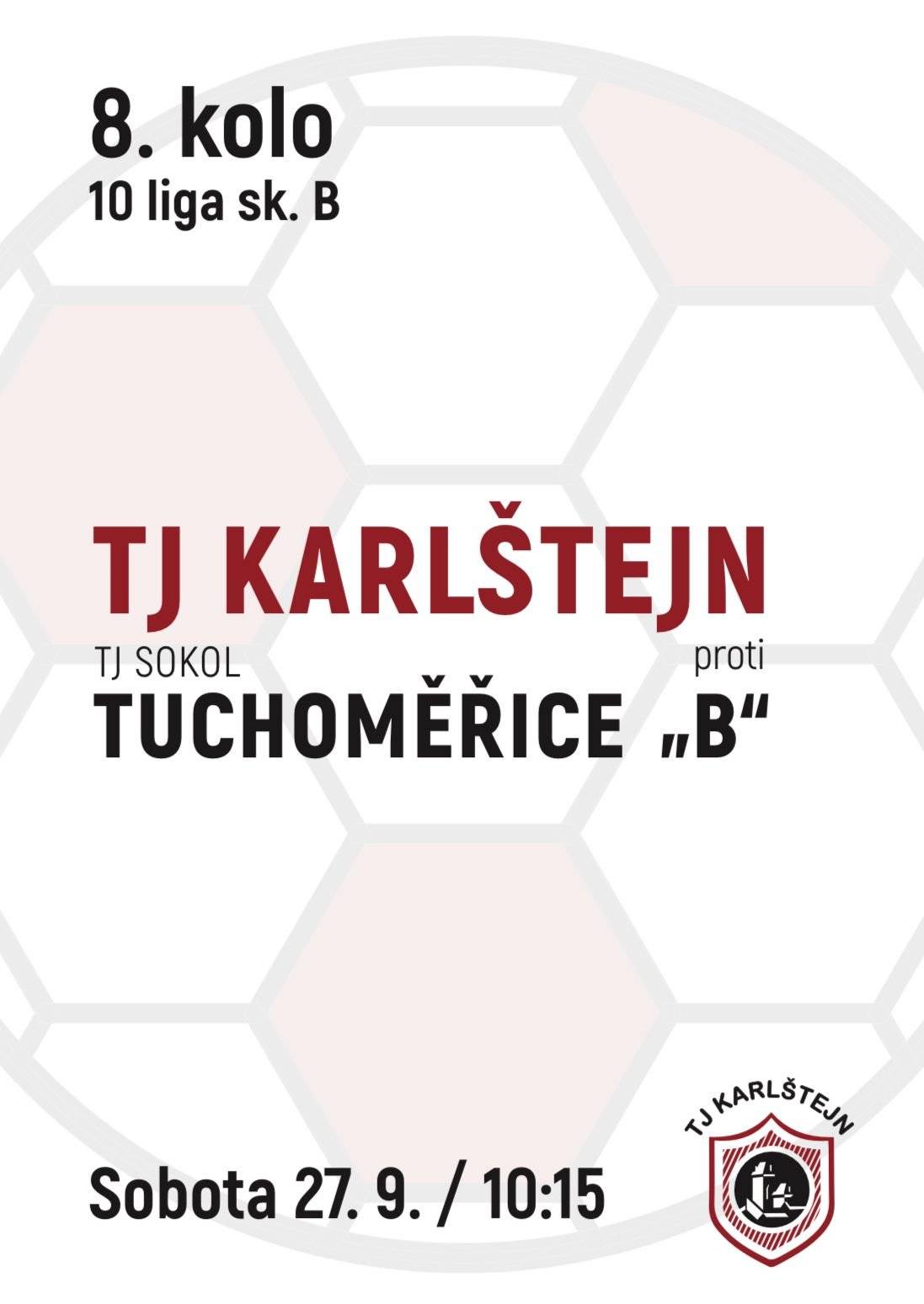 Milí přátelé, ještě než vypukne letošní vinobraní, rádi bychom Vás pozvali na domácí mistrovské utkání našeho "áčka" s Tuchoměřicemi B. TJ Karlštejn od sezóny 2025/2026 působí nově v rámci mistrovských soutěží OFS Praha - západ, zatím se stoprocentní bilancí tři zápasy - tři vítězství. Přijďte nás podpořit a pomoci udržet se na vítězné vlně - výkop utkání v sobotu 27.9. v 10.15! Hezké odpoledne přeje TJ Karlštej