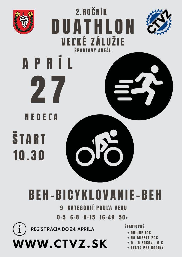 Šport Veľké Zálužie a Obec Veľké Zálužie vás pozývajú na športové podujatie – 2. ročník Duatlon Veľké Zálužie.Podujatie sa koná 27.apríla 2025 (nedeľa) v Športovom areáli vo Veľkom Záluží.