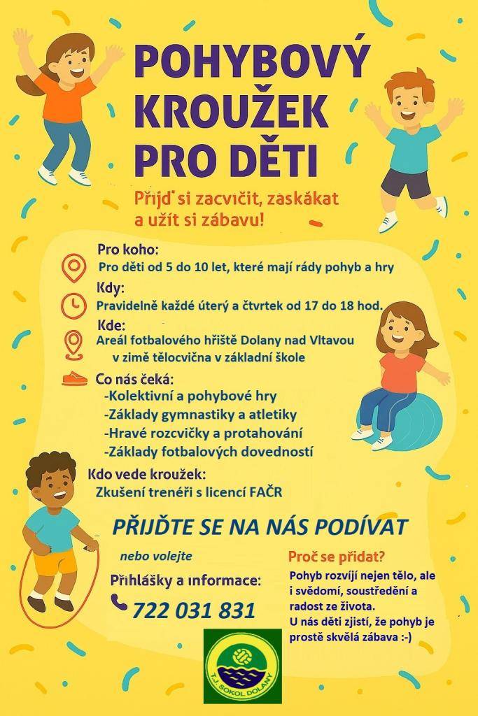 TJ Sokol Dolany z.s.  - Pohybový kroužek pro děti (5 - 10 let), ÚT a ČT (17- 18:00 hod)