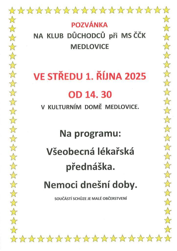 Ve středu 1. října 2025 od 14:30 na KD Medlovice.