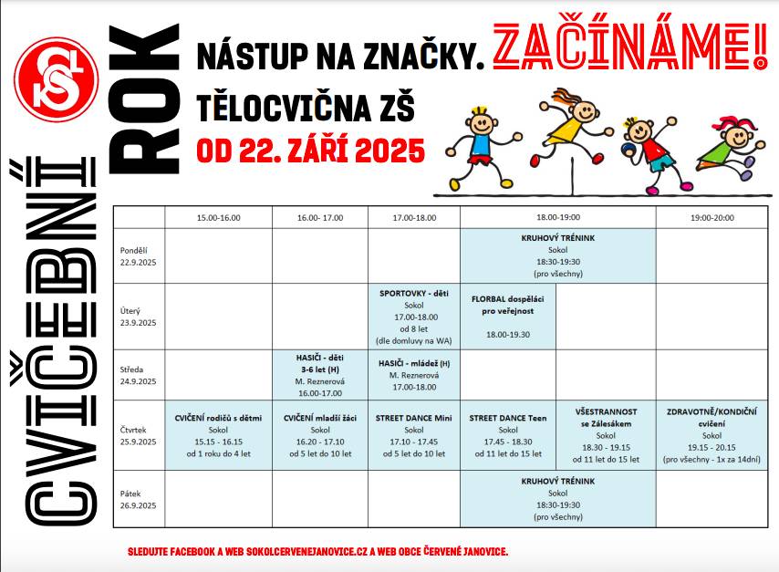 Sokol Červené Janovice zahajuje nový cvičební rok. Tyto aktivity jsou určeny pro všechny zájemce, děti, jejich rodiče a dospělé. Pro více informací sledujte oficiální webové stránky sokolu a Facebook.