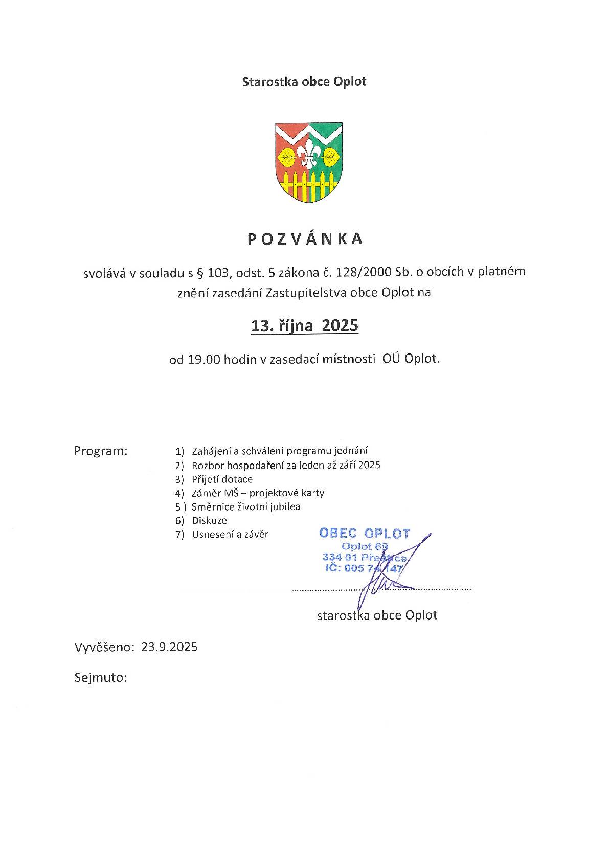 ZASTUPITELSTVA OBCE OPLOT