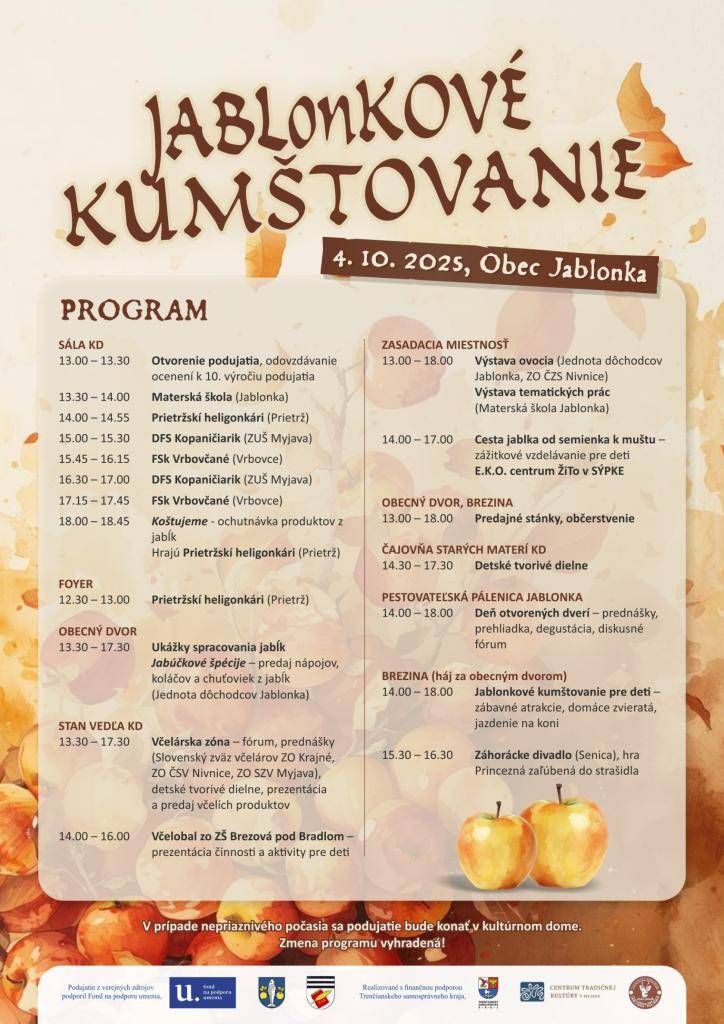 Obec Jablonka pozýva na podujatie JABLonKOVÉ KUMŠTOVANIE, ktoré sa uskutoční v sobotu 4. 10. 2025 od 12:30 hod. v priestoroch Kultúrneho domu Jablonka.