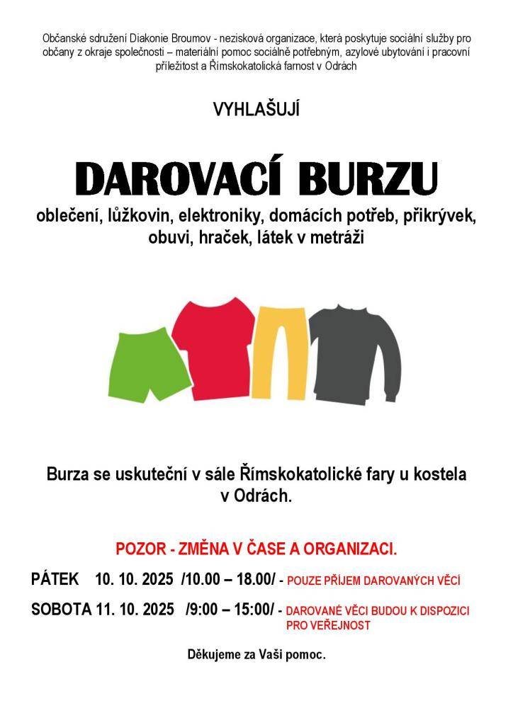 Burza se uskuteční v sále Římskokatolické fary u kostela v Odrách