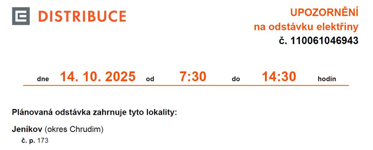 dne 14. 10. 2025 od 7:30 do 14:30 hodin  Plánovaná odstávka zahrnuje tyto lokality:  č. p. 173 Jeníkov (okres Chrudim)