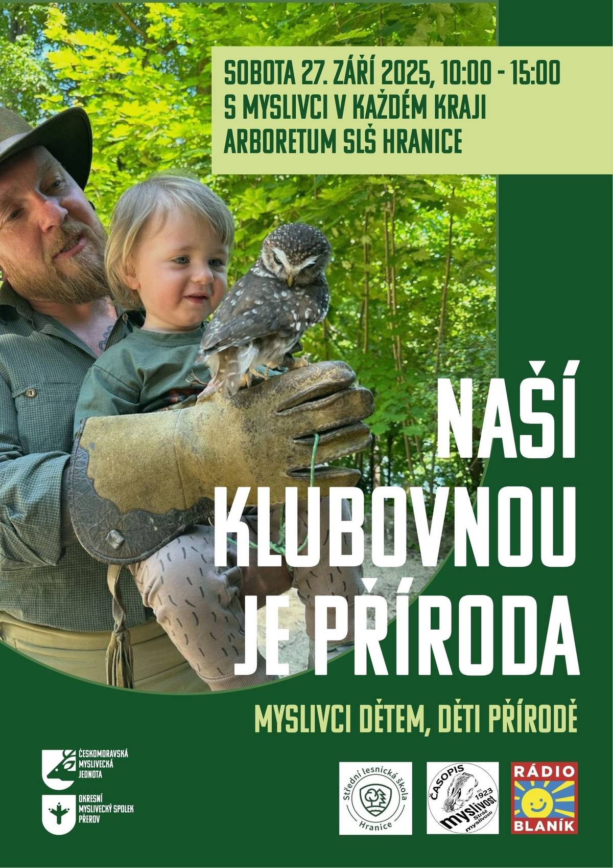 Pozvánka na akci Myslivci dětem, děti přírodě - v sobotu 27. 9. 2025 od 10 do 15 hodin. Akce proběhne v arboretu Střední lesnické školy v Hranicích.