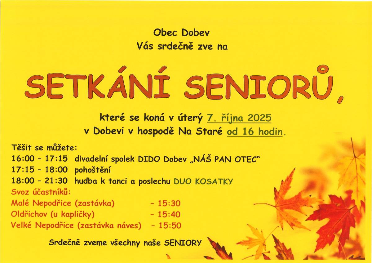 V úterý 7. 10. 2025 Vás zveme na Setkání seniorů, které se bude konat od 16 hodin v Dobevi v hospodě Na Staré.