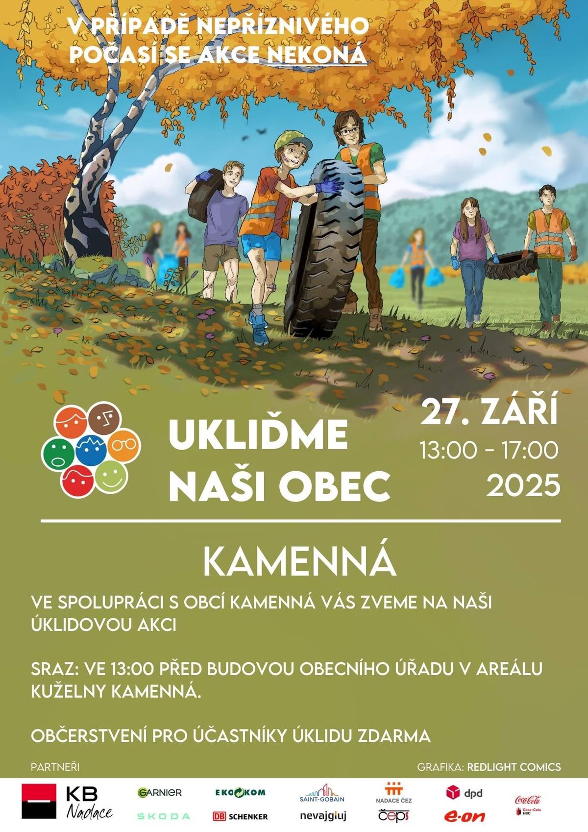 Ve spolupráci s Obcí Kamenná Vás zveme na naši úklidovou akci "Ukliďme naši obec", která proběhne 27.9.2025 od 13:00 do 17:00 hod. Sraz ve 13:00 před budovou OÚ v areálu Kuželny Kamenná. Občerstvení pro účastníky úklidu zdarma. V případě nepříznivého počasí se akce nekoná.